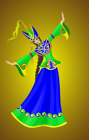 East girl in a green dress with a national ornament.のイラスト素材