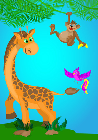 Cartoon children's illustration with a giraffe,monkey and bird .のイラスト素材