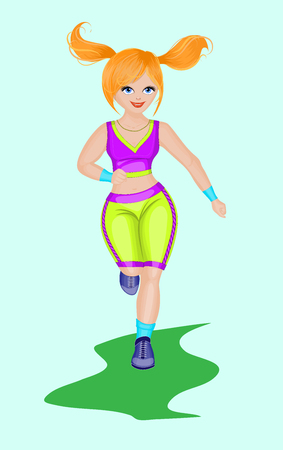 Running girl in cartoon style. Design for motivational poster, article about fitness, banners, brochures, covers and etc.のイラスト素材