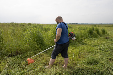 Russia, Bryansk, June 2020: a young middle-aged man mows the grass with a lawn mower