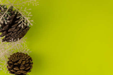 Pine cones and decorative snowflakes on a light green background. Top view, copy space.の写真素材