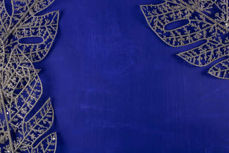 Christmas decor on a blue background. Top view, copy space.の写真素材