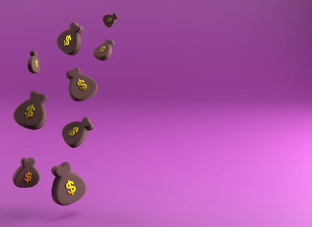 A group of bags with a dollar, copy space, 3d illustration.
