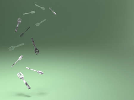 A group of iron forks and spoons, copy space, 3d illustration.の写真素材