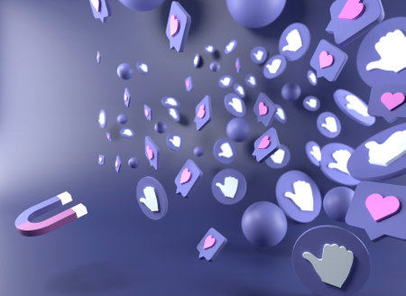 Pink magnet and signs flying towards it on a purple background, 3d illustration.の写真素材
