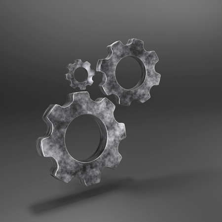 Three metal gears on a gray background, 3d illustration.の写真素材