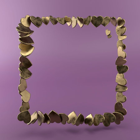 A frame of bronze hearts on a pink background, 3D rendering.