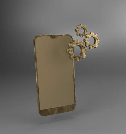 Bronze smartphone and gears close-up, 3d illustration.の写真素材
