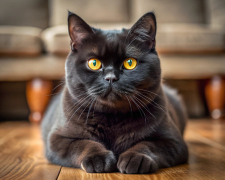 British shorthair cat with yellow eyes lying on the wooden floor.の素材