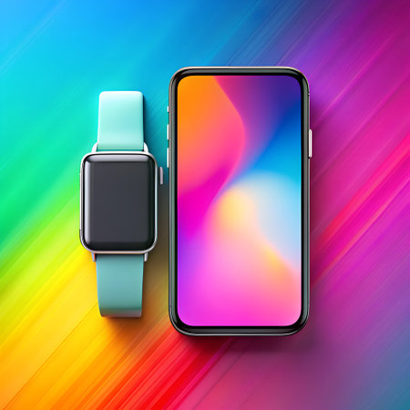 Smart watch and smart phone on a colorful background. Vector illustration.の素材