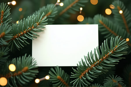 A blank card rests peacefully among lush green branches, surrounded by twinkling lights, creating a warm and inviting atmosphere. Ideal for holiday messages or personal notes.の素材