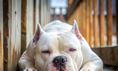 A beautiful white dog lounges comfortably on a wooden patio, soaking in the warm sun rays while enjoying a tranquil afternoon. The dog\'s relaxed demeanor adds to the serene atmosphere.の素材