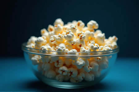 A large glass bowl brimming with fluffy popcorn sits on a vibrant blue surface, inviting any snacker. Ideal for sharing during a cozy movie night or casual gathering.の素材