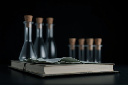 A collection of glass flasks stands alongside an old book under dim lighting. The setup suggests a modern yet nostalgic laboratory, evoking curiosity and inspiration.の素材