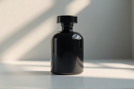 A sleek black glass bottle stands elegantly on a simple surface, bathed in soft natural light filtering through a nearby window, creating a tranquil atmosphere.の素材