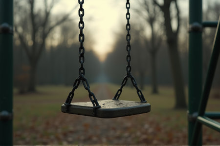 Hanging suspended in a quiet park, the swing gently sways as the last light of day fades. Bare trees surround the area, inviting memories of carefree childhood moments.の素材
