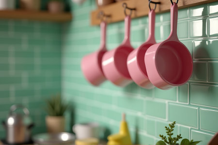 Bright pastel pink measuring cups dangle gracefully from hooks in a cozy kitchen, set against a vibrant green tile wall. This inviting space radiates warmth and creativity.の素材