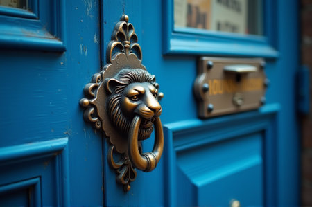A striking lion door knocker catches the eye on a vivid blue door, inviting visitors into a storied building in a bustling historic area, highlighting exquisite craftsmanship.の素材
