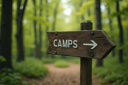 A rustic wooden signpost towards points campsites, surrounded by vibrant green trees under bright sunlight. The inviting pathway beckons outdoor lovers to explore.の素材