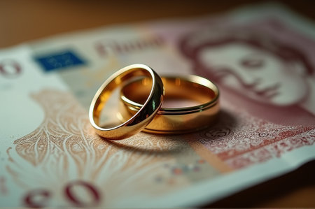 Two lustrous golden wedding rings are beautifully placed atop a European banknote, merging the themes of love and monetary unity. This captivating arrangement evokes emotions of partnership.の素材