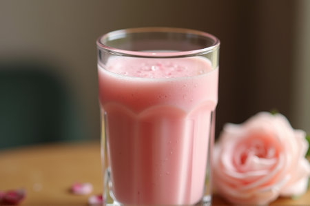 A creamy pink smoothie fills a clear glass, surrounded by soft petals and a beautiful rose. The scene evokes spring's freshness and a moment of indulgence for any breakfast moment.の素材