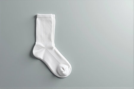 A single bright white sock lies on a sleek gray background with soft lighting illuminating its details.の素材
