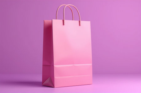 A chic pink shopping bag stands upright on a vibrant purple backdrop, creating a bold visual statement ideal for fashion events or gift presentations, capturing attention with its playful colors.の素材