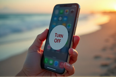 As the sun sets on a peaceful beach, a hand holds a phone displaying a message to turn off. The golden horizon invites a break from digital distractions and embraces tranquility.の素材