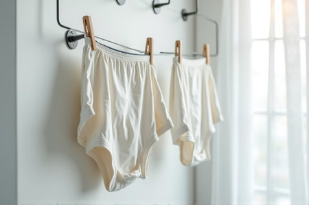 Soft, cream-colored undergarments hang from a clothesline, catching the warmth of sunlight in a peaceful, minimalist room with sheer curtains.の素材
