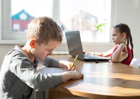 Distance lerning concept. Small blond boy doing task in notebook, his caucasian sister doing her task on laptop while coronavirus isolationの写真素材