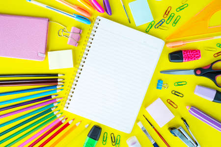 Stationery colorful writing tools accessories pens pencils, color paper. Back to school. Office supplies products. Top view. Flat lay. Copy spaceの写真素材