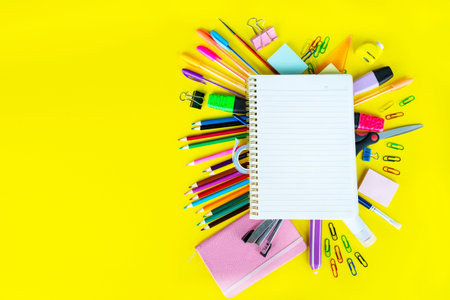 Stationery colorful writing tools accessories pens pencils, color paper. Back to school. Office...