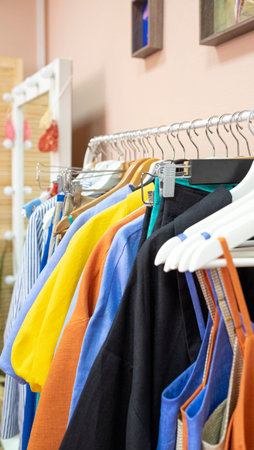 Colorful womens dresses, jackets, trousers and skirts on hangers in the showroom in the textile...