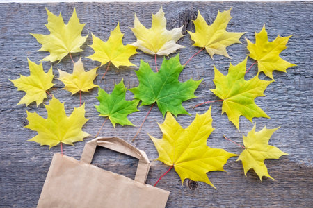 Autumn shopping with discounts. Autumn sales. Crafting beige paper shopping bag, from which look out...