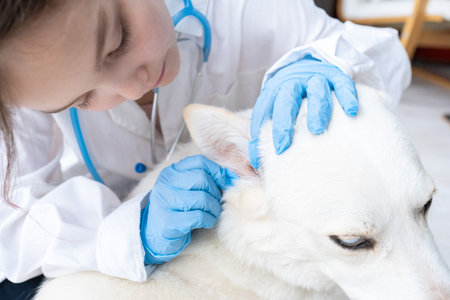Veterinarian checking white dogs ear, closeup portrait