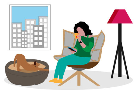 Cute girl working at a smartphone in the room from home. Home office. Near the girl lies a cat. Vector illustration in flat style.のイラスト素材