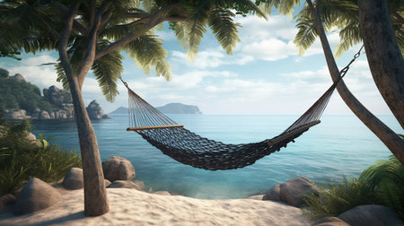 Hammock on a tropical beach and near the ocean. Generative AIの素材