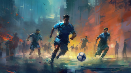 an oil painting of a group of soccer players. Generative AIの素材