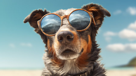 A dog in sunglasses is relaxing on the beach. vacation concept. Generative AIの素材