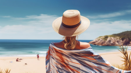 A young girl in a straw hat and shawl looks at the beach, the mountains and the sea. Generative AIの素材
