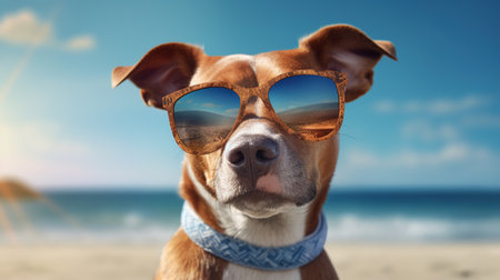 Beautiful Dog in sunglasses on the beach near the sea. Generative AIの素材