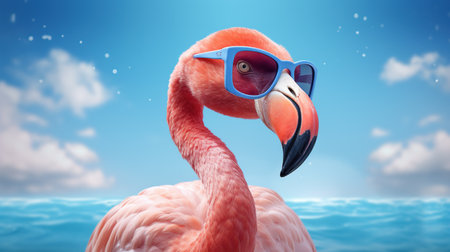 a pink flamingo wearing sunglasses and sitting in the water. Leisure concept. Generative AIの素材