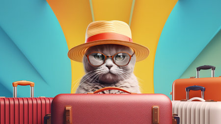 a cat in a hat sitting in front of a suitcase. vacation concept. Generative AIの素材