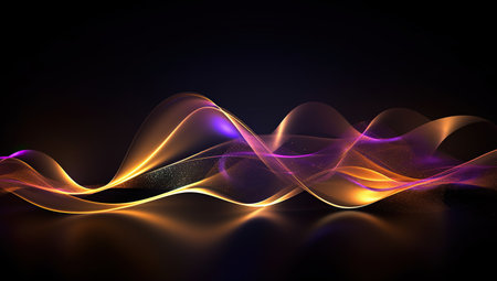 an abstract pattern of purple and orange waves on a dark background. Generative AIの素材
