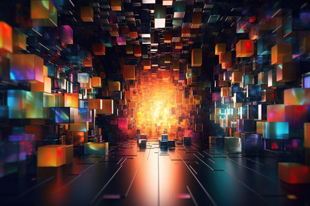 3d futuristic light source through colorful cubes and lights. Generative AIの素材