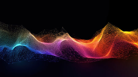 the lines of a colorful wave are on the black background. Generative AIの素材