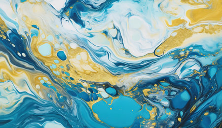 a color mixing blue and gold painting with swirls and bubble. Generative AIの素材