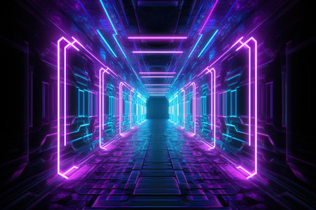 hallway with colorful neon lights in the background. Generative AIの素材