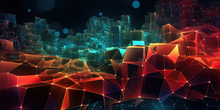 a colorful digital city is surrounded by various colored and shiny objects. Generative AIの素材