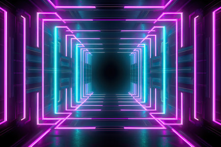 futuristic fasion interior, neon, abstract tunnel in black background. Generative AIの素材